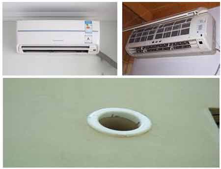 空調(diào)拆室內(nèi)機(jī)用2個扳手把室內(nèi)機(jī)連接鎖母擰松，然后用手旋出鎖母，用改錐卸下控制線。單冷型空調(diào)器控制線中，有二根電源線，一根保護(hù)地線。接線端子板有A、B，l、2標(biāo)記。冷暖兩用型空調(diào)器控制線及電源都在5根線以上.jpg